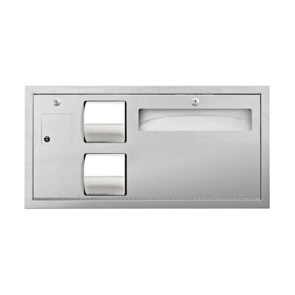 A stainless steel American Specialties, Inc. Recessed ADA toilet paper dispenser with disposal bin and two rollers.