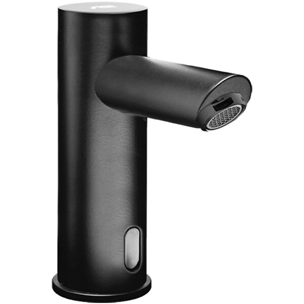 An American Specialties, Inc. matte black touchless faucet with a round black handle.