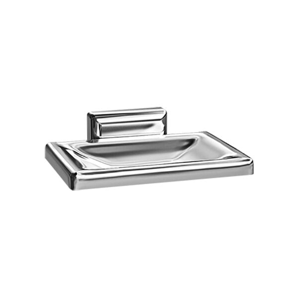 A chrome-plated soap dish on a silver sink.