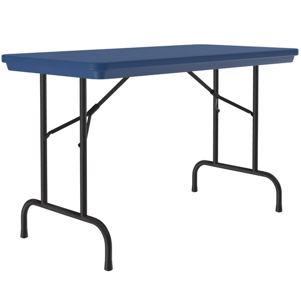 A rectangular blue table with black legs.