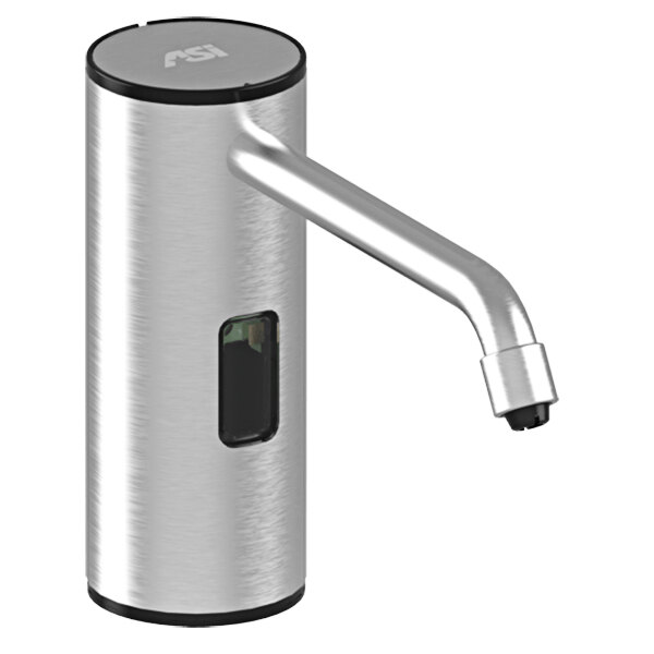 An American Specialties, Inc. stainless steel and black automatic liquid soap dispenser.