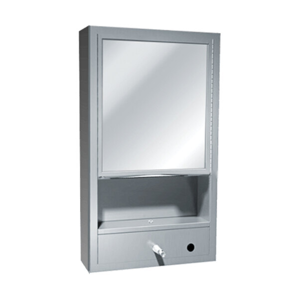 An American Specialties, Inc. surface-mounted cabinet with a mirror, shelf, and liquid soap dispenser.