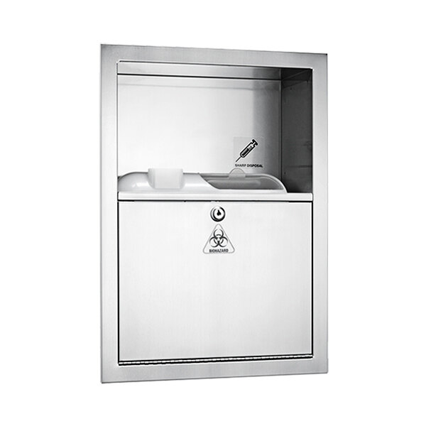 A stainless steel recessed cabinet with a sharp dispenser inside.