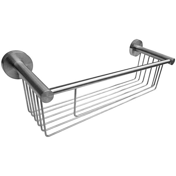 A stainless steel surface-mounted sundries shelf with a metal basket.