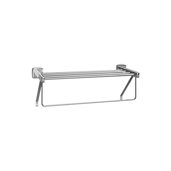 An American Specialties, Inc. stainless steel towel shelf with a towel on it.