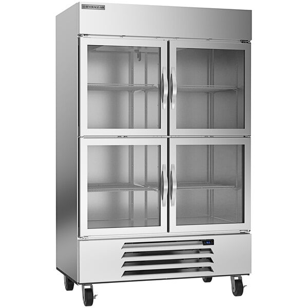 A silver Beverage-Air Horizon Series reach-in refrigerator with glass half doors.