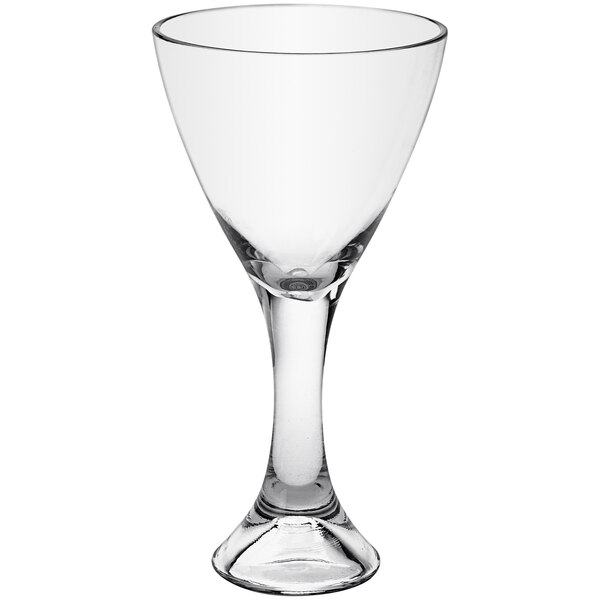 An American Metalcraft clear Tritan plastic martini glass with a curved rim.