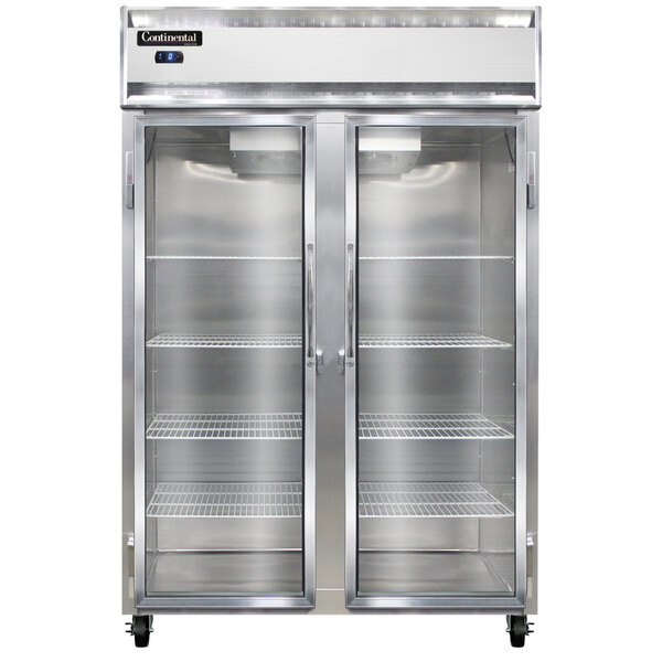 A Continental Refrigerator stainless steel reach-in freezer with two glass doors.
