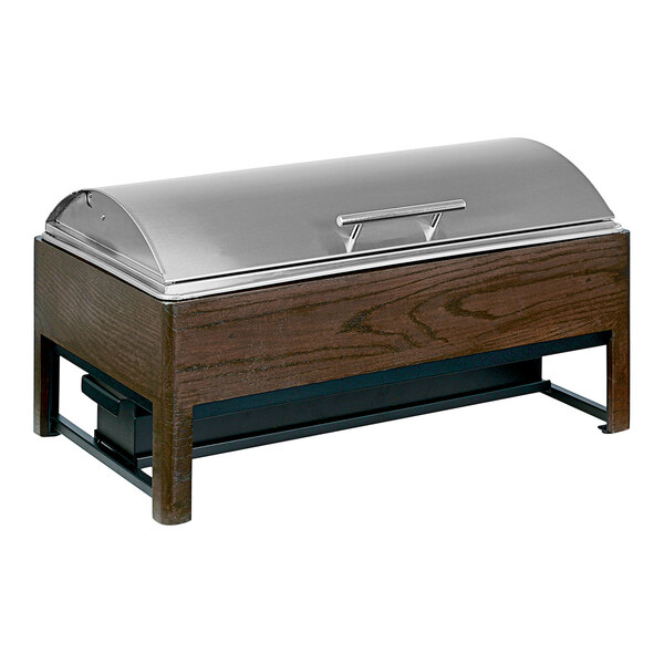 A dark wood and stainless steel rectangular chafer with a lid on a table.