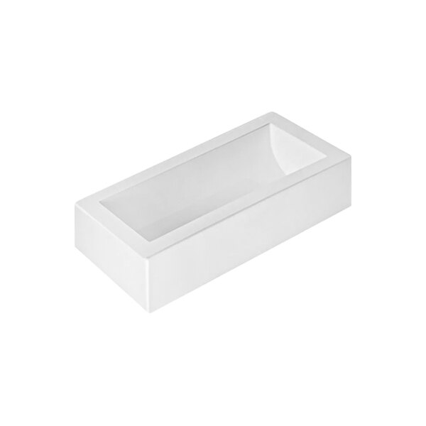 A white rectangular object with a clear window, the Silikomart Buche Log Silicone Baking Mold.