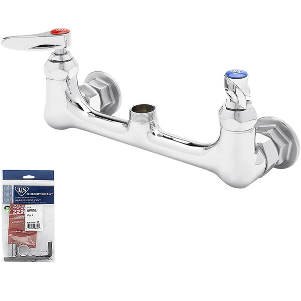 A silver T&S wall mount faucet base with lever handles.
