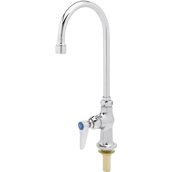 A chrome deck-mount T&S faucet with a gooseneck spout and a blue knob.