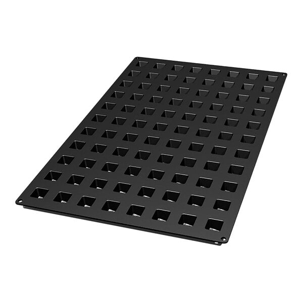 A black Silikomart silicone baking mold tray with 88 square cavities.