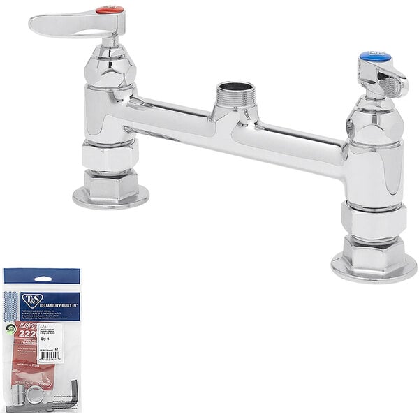 A chrome T&S deck mount faucet base with silver and red lever handles.