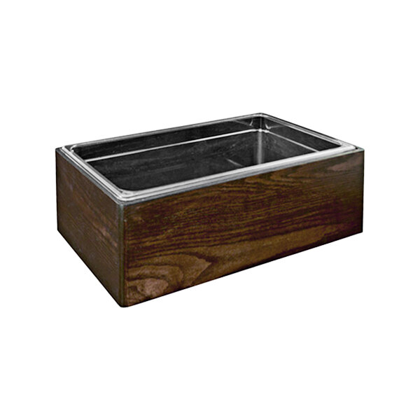 A dark oak wooden ice housing container with a metal tray inside.