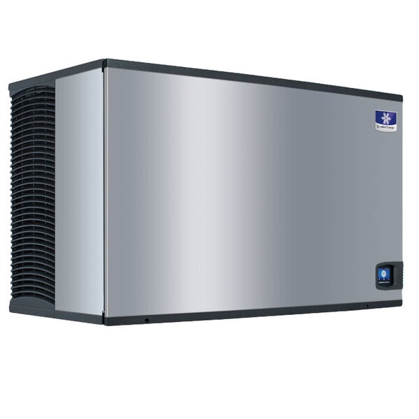 A silver rectangular Manitowoc water cooled ice machine with black edges.