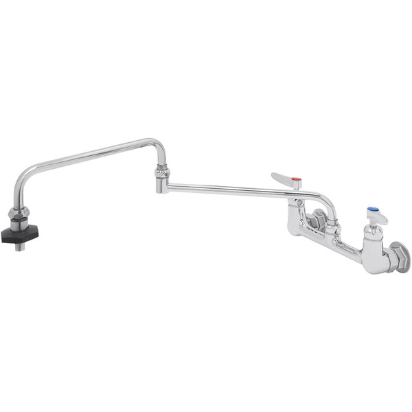 A T&S stainless steel wall mount pot filler with a double-jointed swing nozzle and heat-resistant sleeves.