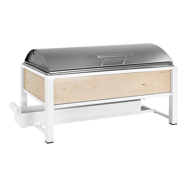 A maple wood buffet with a silver and wood lid.
