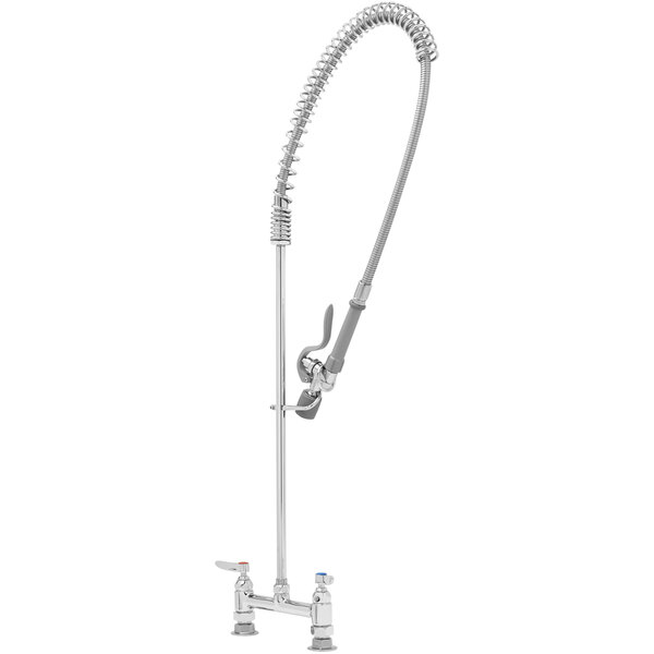A silver T&S EasyInstall deck mounted pre-rinse faucet with a curved hose.