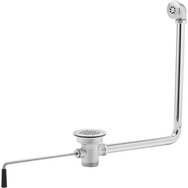 A T&S chrome waste valve with a twist handle and round strainer over a silver drain.