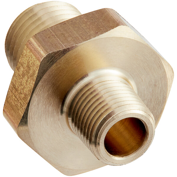 A T&S brass reducing hex nipple with male threads.