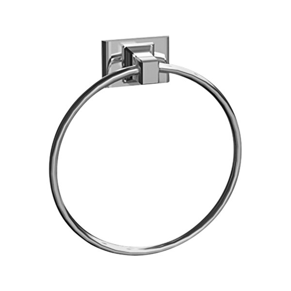 A chrome-plated silver metal American Specialties, Inc. towel ring.