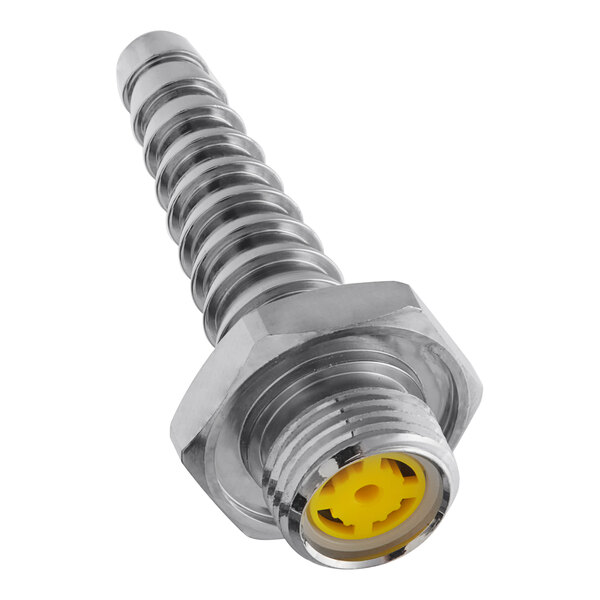 A stainless steel T&S serrated tip outlet with a yellow flow disc.