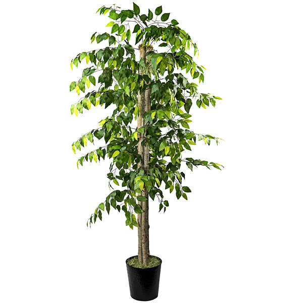 A LCG Sales artificial ficus tree with green leaves in a black metal pot.