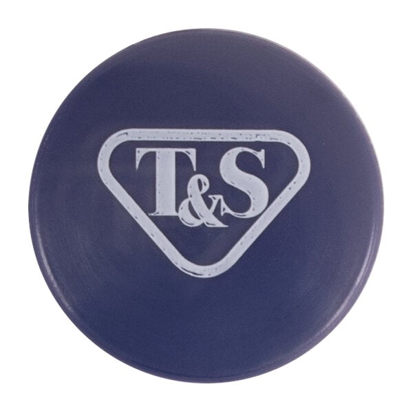 A dark blue frisbee with a white T & S logo.