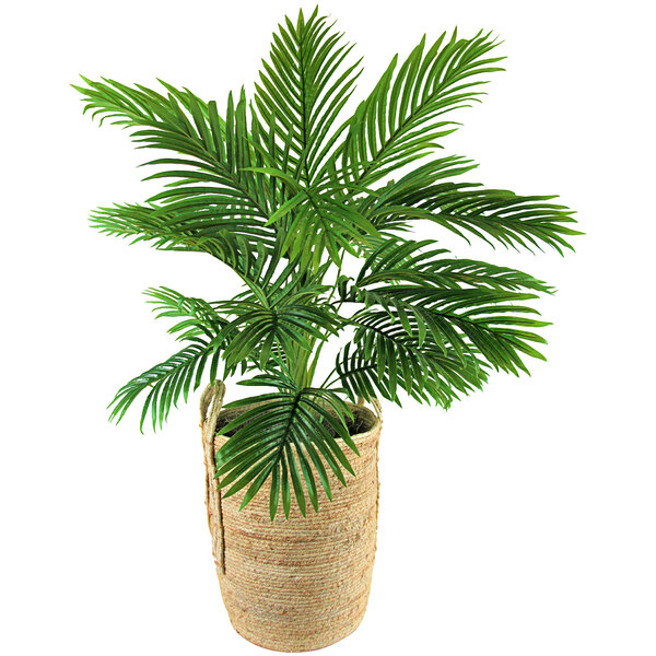 A 42" Artificial Areca Palm Tree in a pot with green leaves in a basket.