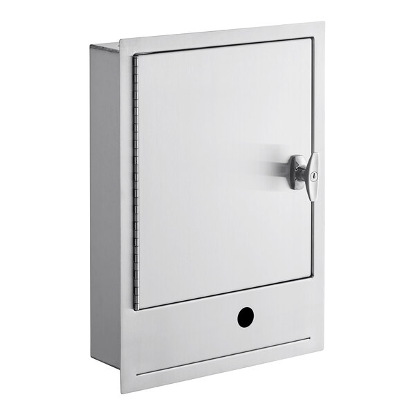 A stainless steel T&S recessed control box cabinet with a key.