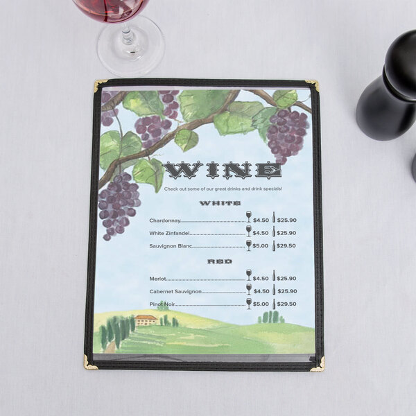 The cover of a menu with a wine country grapevine design and a glass of wine.