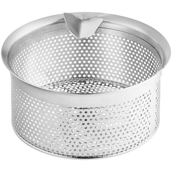 A stainless steel Garde XL food mill sieve with holes in it.