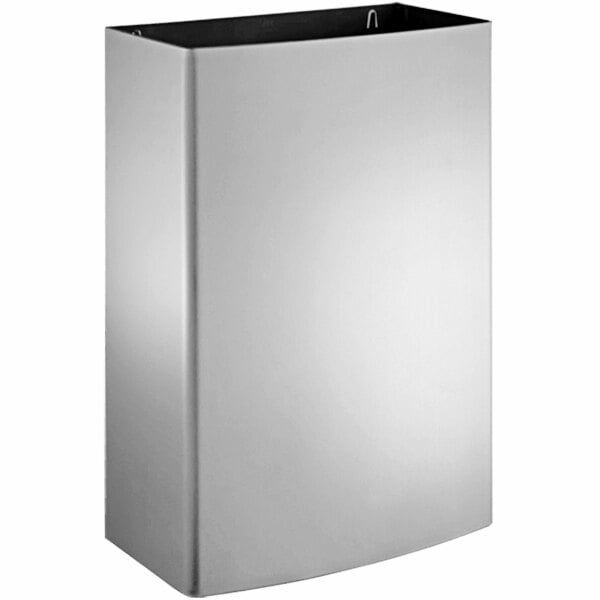 A stainless steel rectangular American Specialties, Inc. waste receptacle with a black lid.
