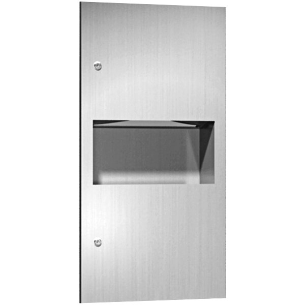 A stainless steel rectangular American Specialties, Inc. paper towel dispenser with a hole.
