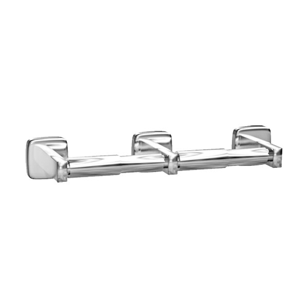 An American Specialties, Inc. satin stainless steel surface-mounted double roll toilet paper holder.