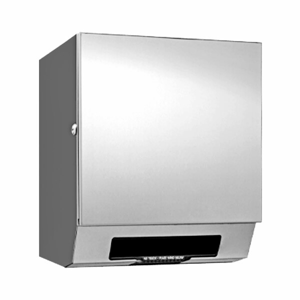 An American Specialties, Inc. stainless steel surface-mounted paper towel dispenser.