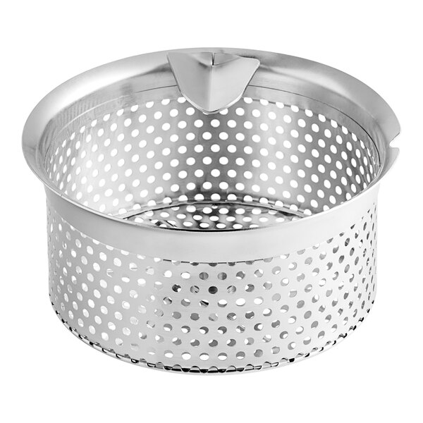 A silver metal container with holes for Garde 4 mm Food Mill.