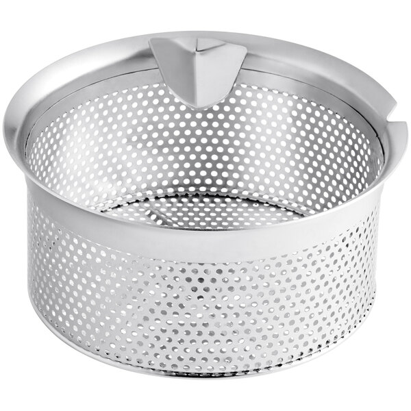 A silver metal Garde 2.5 mm food mill sieve with holes in it.