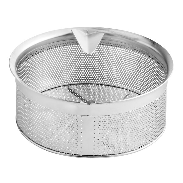 A silver metal Garde 1.5 mm food mill sieve with a handle and holes.