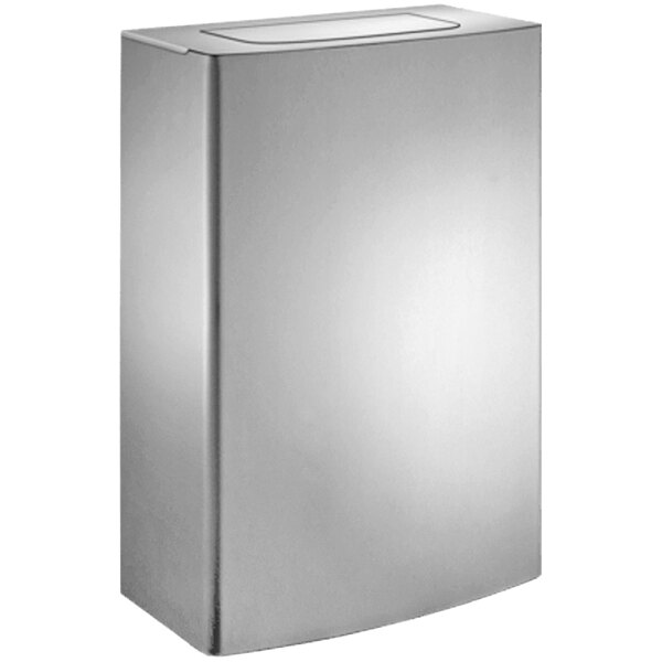 A stainless steel rectangular waste receptacle with a push door.
