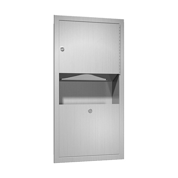A stainless steel cabinet with a door open containing a stainless steel paper towel dispenser and waste receptacle.