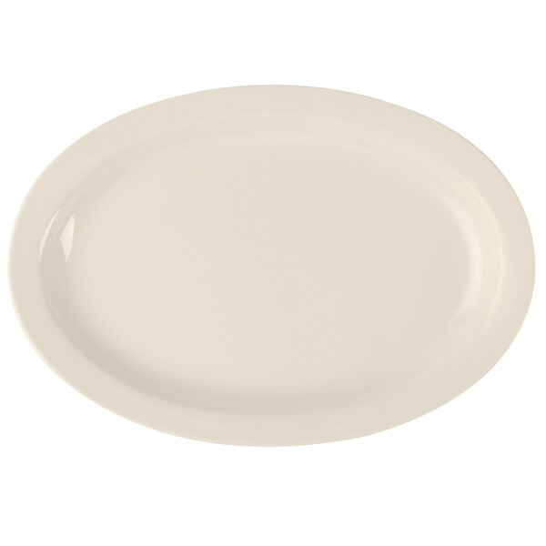 A white oval platter with a tan border.