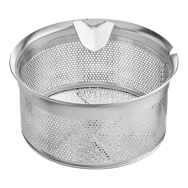 A silver metal Garde 1.5 mm Food Mill sieve basket with holes.
