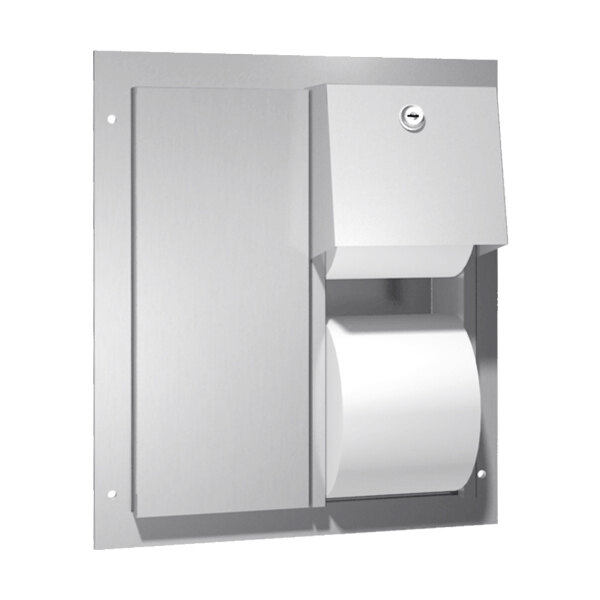 A stainless steel American Specialties dual toilet tissue dispenser with two rolls of white paper.