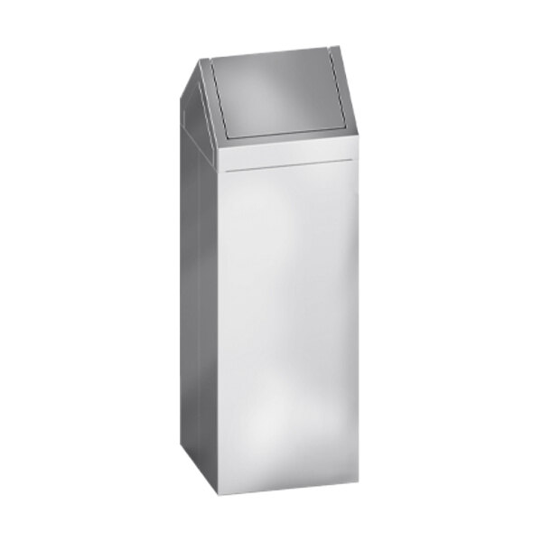 An American Specialties, Inc. stainless steel waste receptacle with dual swing lids.