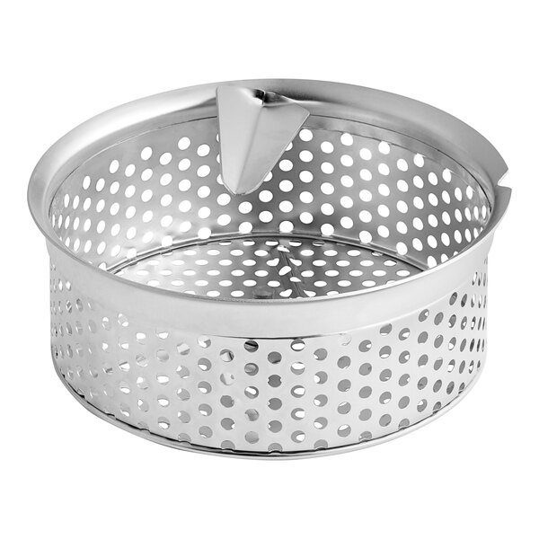 A stainless steel Garde XL food mill basket with holes.