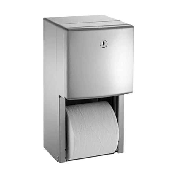 A stainless steel American Specialties, Inc. Roval twin toilet paper dispenser with rolls of toilet paper.