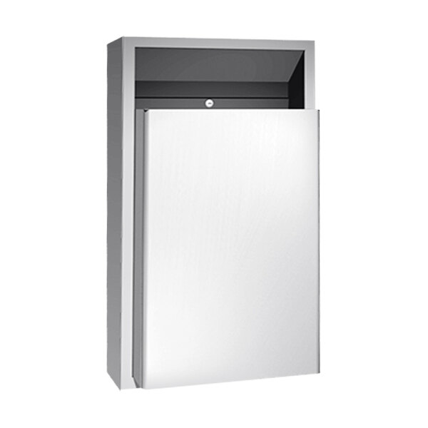A stainless steel rectangular waste receptacle with a door open.