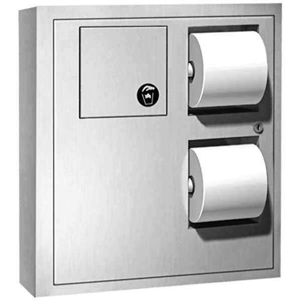 A stainless steel American Specialties, Inc. toilet paper dispenser with a roll of toilet paper.